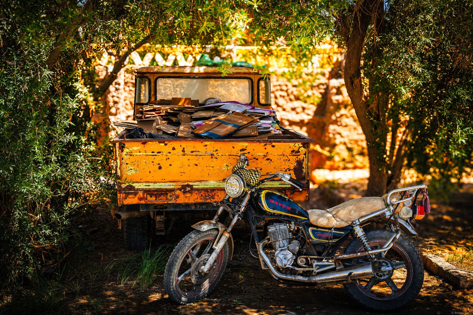 Motorcycle parked beside a weathered orange truck under dappled tree light, travel photography